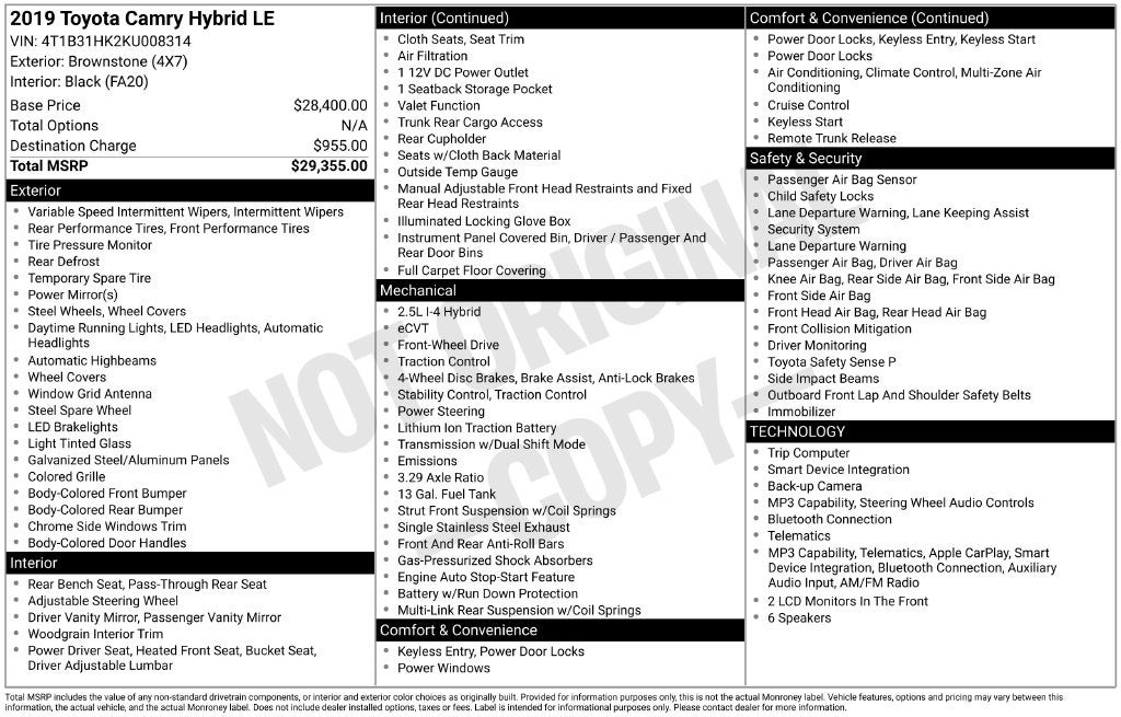 2019 Toyota Camry Hybrid LE